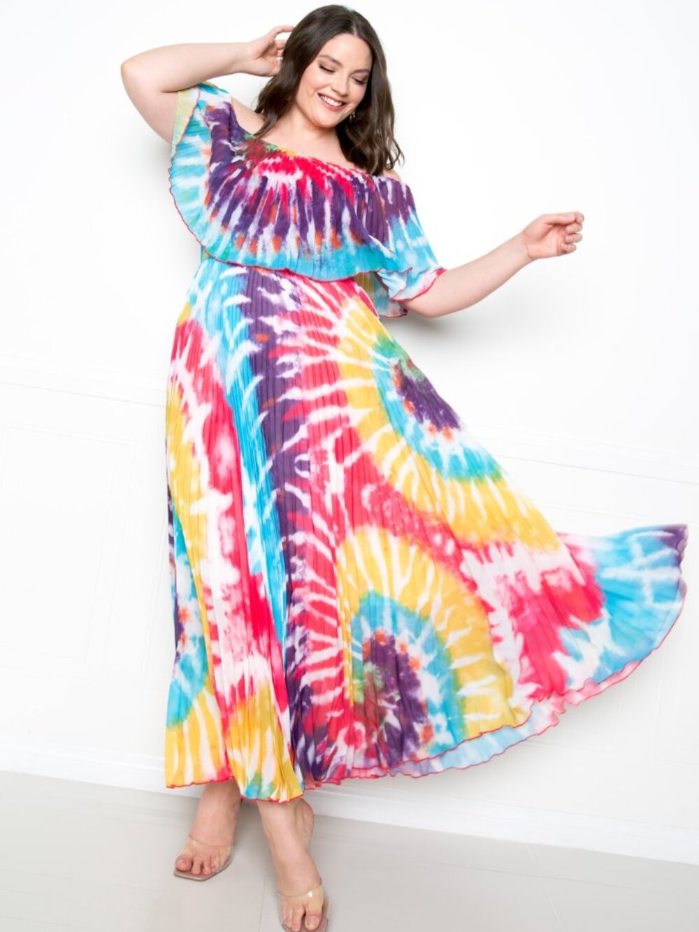 Tie Dye Off Shoulder Pleated Maxi Dress